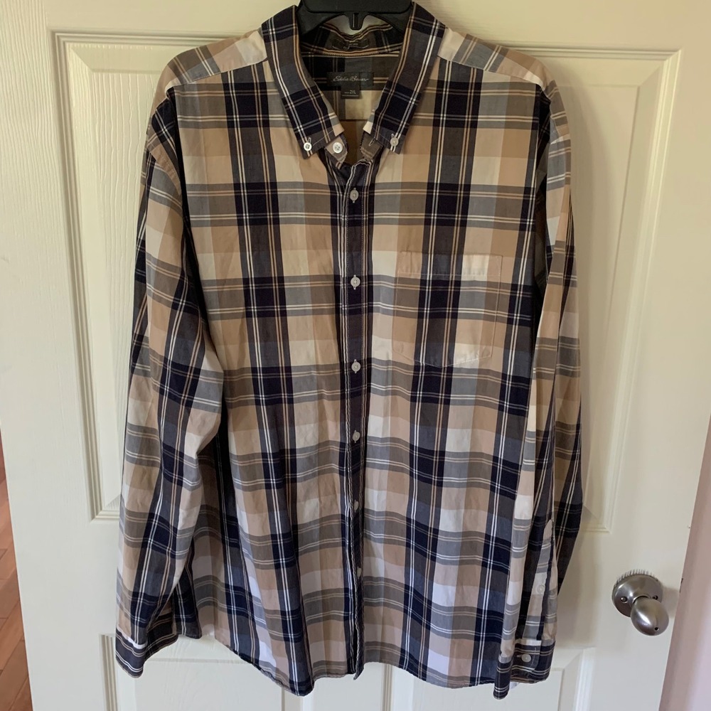Eddie Bauer 2XL Button Down Shirt Tan Navy Plaid Classic‎ Fit Cotton Long Sleeve